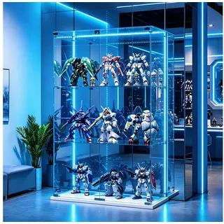 Simurq Glasvitrine Standvitrinen mit LED Beleuchtung Vitrinenschrank mit Glastür (glas vitrine mit 2 Glastür und 3 Lagen,Schloss,Kippsicherung) Sammlervitrine aus gehärtetes Glas,Modernes rahmenloses Design weiß