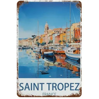 PGCKSK Saint Tropez Frankreich,Metall Blechschild,Vintage Blechposter Metallschild Wanddekoration Landhaus Küche Haus Garage Dekor(20 x 30 cm) 8 x 12 Zoll-P80