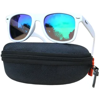 Rennec Sonnenbrille Verspiegelt Weiß Matt, UV400 Schutz, mit Hardcase, Damen Herren Markenbrille, Nerd Brille Retro Festivalbrille (Grün-Blau Verspiegelt - Rahmen Weiß) - Breite 144mm , Höhe 48mm