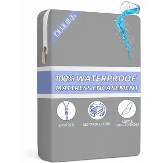 DUJUIKE Wasserdichter Matratzenbezug, Matratzenschoner mit Reißverschluss, wasserdicht, fleckenabweisend, resistent gegen Bettwanzen und Hausstaubmilben, hypoallergen,waschbar(Grau, 90 x 200 x 20 cm)