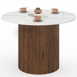 IDMarket - Runder Esstisch Juliette 6 Personen Zentralfuß mit Latteneffekt Nussbaum und Tischplatte mit weißem Marmoreffekt Alaska 110 cm