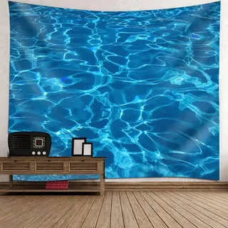 Mesnt Tapisserie Meer Strand, 150x150cm Meerwasser Natur Landschaft Wandteppiche Wandtuch Deko Schlafzimmer | Blau