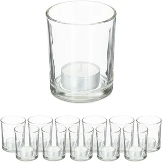 Relaxdays Teelichtgläser, 12er Set, Teelichthalter aus Glas, Schlichte Votivgläser, H x D: 8,5 x 7 cm, Deko, transparent