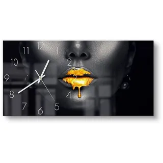 DEQORI Wanduhr 'Goldbedeckte Lippen' (Glas Glasuhr modern Wand Uhr Design Küchenuhr) goldfarben|schwarz 60 cm x 30 cm