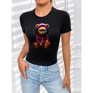 RMK Print-Shirt Damen T-Shirt Top Sommer Rundhals süßer Teddybär Bär Brille mit lizenziertem Originaldesign, aus Baumwolle, Unifarbe lila|schwarz 44-46