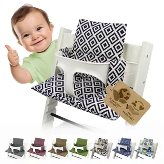 BambiniWelt Ersatzbezug Tripp Trapp – Sitzkissen-Set kompatibel, Stokke Hochstuhl, extra weich, waschbar & langlebig, 2-teiliges Kissen - Klettverschluss, Farbe: schwarz weiß Karos