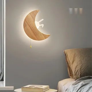 GZZBMY LED Innen Wandleuchten mit Zugschnur Schalter Drei Farbtemperaturen Dimmbar Wandleuchte Modern Massivholz Wandbeleuchtung für Kinderzimmer Schlafzimmer Dekoration (A: Mond und Kaninchen)