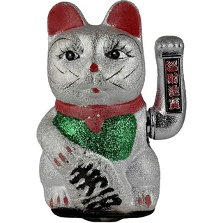 Freak Scene Glückskatze Maneki-Neko Winkekatze aus Keramik 20cm Silber winkende Katze Lucky cat