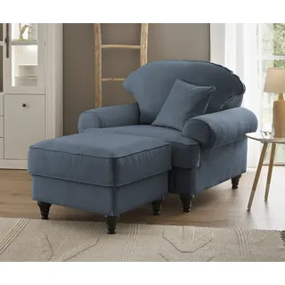 Sessel mit Hocker in blau Landhaus Relaxsessel Fernsehsessel 110 cm Adelina