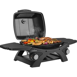 LEHMANN Gasgrill, Tragbarer Tischgasgrill mit 2 Brenner, Thermometer & Seitentischen klappbar, Gusseisen Grillrost mit 1638 cm2 Grillfläche, Tischgrill für Outdoor BBQ, Balkon- & Campinggrill