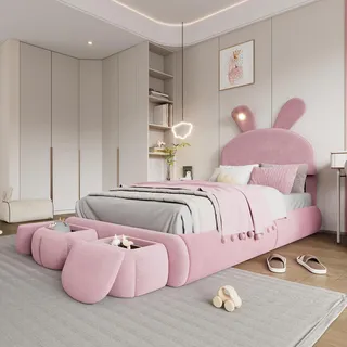 Merax Polsterbett Kinderbett 90x200cm, Niedliches Jugendbett mit LED-Lampe, 2 Stauraumhocker, Verstellbares Kopfteil in Hasenohrform, Einzelbett Bettrahmen mit Lattenrost, Samt, ohne Matratze, Rosa