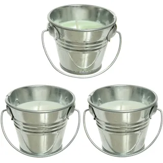 Decoris 3 Citronella Kerzen 6cm im Metalleimer mit Henkel Outdoor Duftkerzen Garten Balkon Draußen gegen Mücken Insekten Mückenkerzen Mückenschutz Eimerkerzen