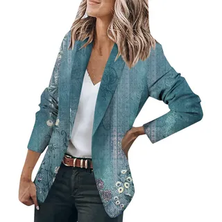 LUNULE Blazer Damen Elegant Vintage Blumendruck Knopf Open Front Jacke Casual Langarm Cardigan Arbeit Büro Sakko Mantel Leicht Dünne Business Jacket Sommer Blazerjacke Longblazer Outwear