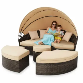 Melko Sonneninsel mit Dach Gartenmuschel Polyrattan Sonnenliege Rattanmöbel Gartenliege
