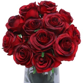 Floralsecret 12 Stück künstliche Rosen, Seidenblumenstrauß, künstlicher einzelner Stiel mit langem Stiel für Zuhause, Hochzeit, Party, Gartendekoration (Wein)