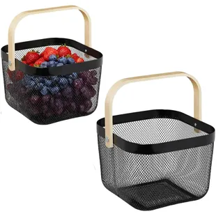 Drahtkorb mit Henkel, Obstkorb Hängend, Obstschale, Garten-Erntekörbe, Obstkörbe Metall, obstschale, eckiger Aufbewahrungskorb, für Bad Küche Picknickc,2 Stück,18 x 24,5 x 24,5 cm(Schwarz)