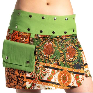Damen Minirock aus Indien mit Tasche und 2 Mustern zum Wenden, Sommerrock kurz, Wenderock, Wickelrock Goa Gypsy Hüftschmeichler Rock - mit 18 Nieten Druckknöpfen, flexibel - Diverse Designs - Einheitsgröße