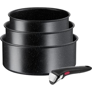 Tefal L39996 Ingenio Black Stone 4-teiliges Kasserollenset | stapelbar | Antihaftversiegelung | induktionsgeeignet | Thermo-Signal Temperaturanzeiger | Schwarz