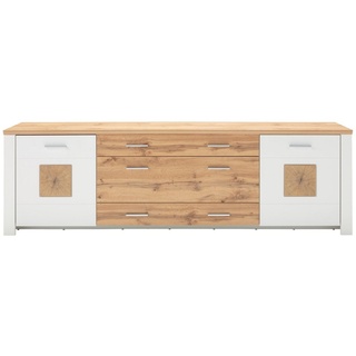 LIV'IN Sideboard MATERA, B 240 x T 46 cm, Weiß supermatt, Eiche Altholz Dekor, 2 Türe und 3 Schubladen braun