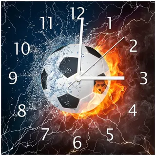 Wallario Design-Wanduhr Fußball - Feuer und Wasser aus Glas, Motiv-Uhr Größe 30 x 30 cm, weiße Zeiger