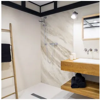 Bilderdepot24 Duschrückwand Marmor beige Duschrückwand ohne Bohren Dusche Steinoptik, (1-tlg., 0,61 mm starke Folie selbstklebend Wandpaneele Dusche versch. Größen), fugenlose & wasserfeste Motiv Rückwand Wandverkleidung für Duschkabine beige 110 cm x 190 cm
