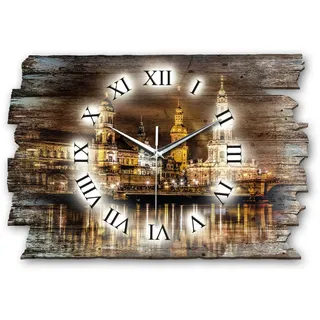 Kreative Feder Designer Wanduhr Dresden bei Nacht aus Holz Größe 40x27cm - Wanduhr im Landhaus-Stil Shabby-Style Made in Germany leise ohne Ticken (Dresden, leises Funkuhrwerk)