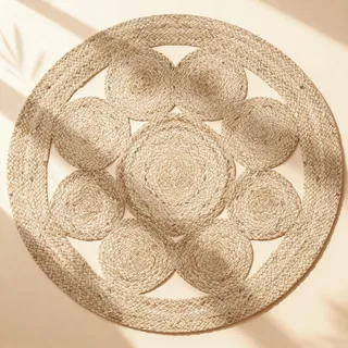 Craft Trade Handgewebt Natur Boho Jute Teppich Reversibel Blume Geflochten Waschbarer Rund Juteteppich für Küche Wohnzimmer und Schlafzimmer-180 cm
