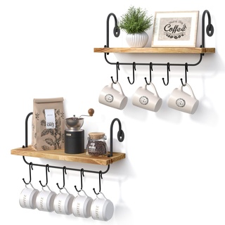 Olakee Wandregale für Küche, Badezimmer, Kaffee-Ecke, mit 10 verstellbaren Haken für Tassen, Kochutensilien oder Handtuch, Set von 2 Stück, 43.2 x 15 cm (karbonisiertes Schwarz)