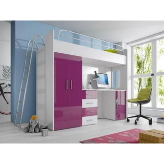 JVmoebel Hochbett Lila Hochglanz Etagenbett mit Schreibtisch und Schrank für Mädchen (1-St) Made in Europa
