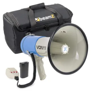 Vonyx MEG060 - Megafon Set mit Akku und Tasche, Aufnahmefunktion, 60 Watt, bis 1 KM, MP3, USB, SD, AUX, Megaphon mit Umhänge-Gurt, blau-weiß