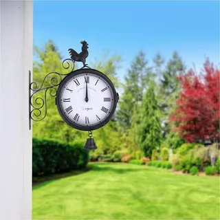 KigerNee Bahnhofsuhr Doppelseitig London Retro Stille Quarzuhr - Zweiseitige Wanduhr Vintage Schwarz mit Metall Glas Design, Wetterfest für Garten & Innenbereich, 30x37cm, AA Batteriebetrieben