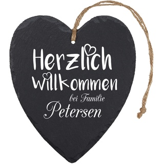 Schieferherz - Herzlich Willkommen + Name: rustikale Wanddeko, personalisiert mit Familienname aus Schiefer - Türschild mit Spruch bedruckt, Deko