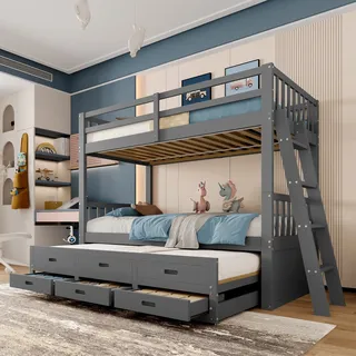 Etagenbett 90x200cm Kinderbett Hausbett mit Leiter Ausziehbar 3 Schubladen Grau