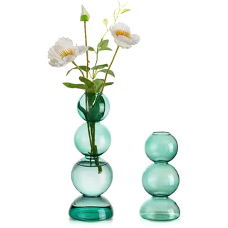 Hewory Kleine Vase für Tischdeko: Grün Bubble Vase Glas, Modern Deko Aesthetic Klein, Mini Set Kleine Glasvasen Rund Kugelvase für Wohnzimmer Hochzeit Room Decor