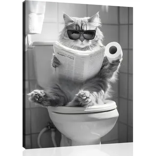 OWNANRTHM Leinwandbild Mit Katze - Lustiges Tier-Badezimmerbild, Schwarz-Weiß Leinwandkunst, Katze Auf Der Toilette - Wanddekoration Für Badezimmer