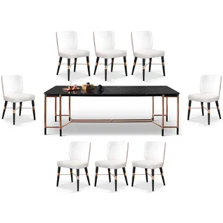 Casa Padrino Luxus Esszimmer Möbel Set Weiß / Schwarz / Kupfer - 1 Luxus Esstisch mit Marmorplatte & 8 Luxus Esszimmerstühle - Esszimmer Möbel - Restaurant Möbel - Luxus Möbel