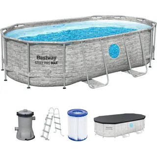 Bestway 56714-7 Set Aufstellpool Oval Steel Pro MAX Splashview - 4,27 m x 2,50 m x 1,00 m, steingrau