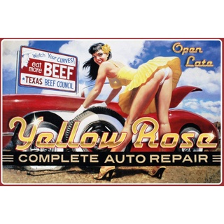 Schatzmix Pinup Girl Yellow Rose Auto Repair Metallschild Wanddeko 20x30 cm tin Sign Blechschild, Blech, Mehrfarbig