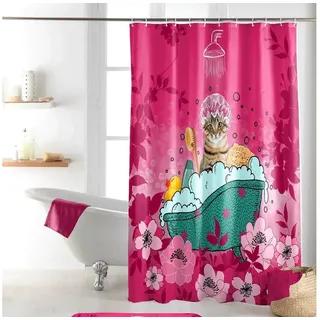 Sanixa Duschvorhang Vorhang Dusche Textil 200x180 cm Katze Pink witzig wasserabweisend Breite 180 cm, Badewannenvorhang Vorhang mit Ringen Metallösen waschbar grün|rosa