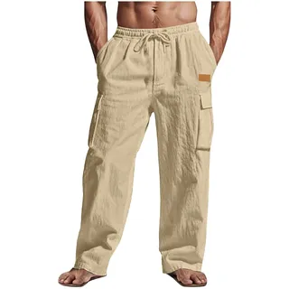 CSHE Jogginghose Herren Sommer Leinenhose Leicht Freizeithose Bequem Atmungsaktive Sporthose Einfarbige Leinen Hose mit Taschen Elastischer Weite Bein Cargohose - L