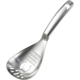 Kochlöffel Edelstahl mit Reibeteller, 5 in 1 Multifunktionaler Kochlöffel mit Abflussloch, Küche Zubehör Reibeteller Schaumlöffel, als Kartoffelstampfe Eiertrenner Flaschenöffner Rührlöffel (A)