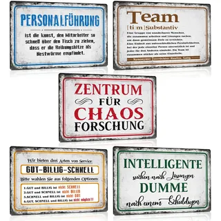 5ER BÜRO SCHILD SET - Retro Arbeit Blechschild mit Spruch Lustig - Team Metallschild Poster Bild Wand-deko Geschenkidee für Büro Firma Mitarbeiter Chef Jobwechsel Kollegen Freunde - DIN A4