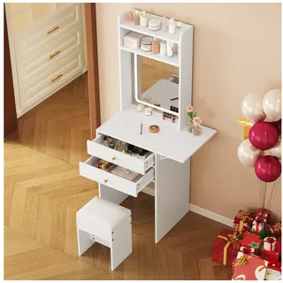 REDOM Schminktisch Eck-Schminktisch (mit klappbarer Tischplatte, dimmbarer LED & Hocker – Stauraum für kleine Räume, 1-St., B75/D45/H156 cm), Mit Kippsicherung weiß 75 cm x 156 cm x 45 cm