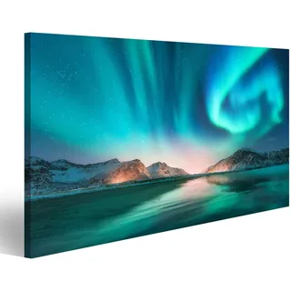 islandburner Bild Bilder auf Leinwand Aurora borealis in den Lofoten Inseln, Norwegen. Aurora.Grüne Nordlichter. Sternenhimmel mit Polarli Wandbild, Poster, Leinwandbild JTU