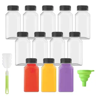 LUBOXIN 12 Stück Kleine Flaschen zum Befüllen 150ml Leere Plastikflaschen zum Befüllen, Mini Shot Flaschen mit Schraubdecke, Trichter und Bürste, Perfekt für Ingwer, Milch, Säfte und Wasser