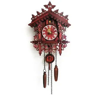 Kuckucksuhr Vintage Hausform, Kuckuckuhr Zentralsekundenbewegung,Retro Wanduhr aus MDF für Wohnzimmer, Schlafzimmer Dekoration Uhr, Rot