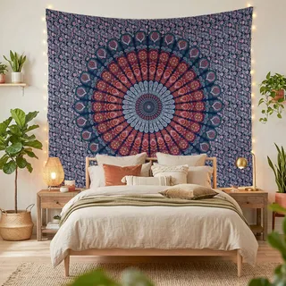 FURNISHFUL FINESSE Wandteppich, Mandala-Wandteppich, Gold Blau, 76 x 102 cm | Dekorative Baumwoll-Wanddecke für Wohnzimmer, Schlafzimmer oder Boho-Räume; vielseitig als Wandbehang und Heimdeko.