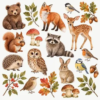 Wandtattoo Kinderzimmer Waldtiere auf Zweigen, 20er Set, Bärchen, Fuchs, Rehkitz, Eichhörnchen, Igel, Eule, Wandsticker selbstklebend und ablösb... - Bunt