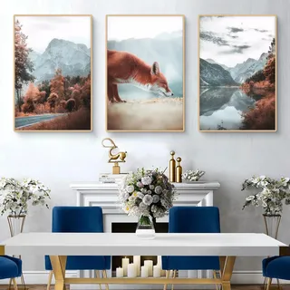 Viusneun 3er Poster Set, Natur Landschaft Wandposter Aesthetic Fuchs Wandbilder Schneebedeckte Berge Leinwandbilder Ohne Rahmen Kunstposter für Wohnzimmer Schlafzimmer (30 x 40 cm)