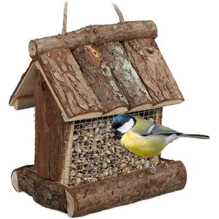 Famanu Vogelhaus hängend - Holz - für Garten - HBD: 17x15x12 cm - mit Silo - Vogelhaus für kleine Vögel - Natur